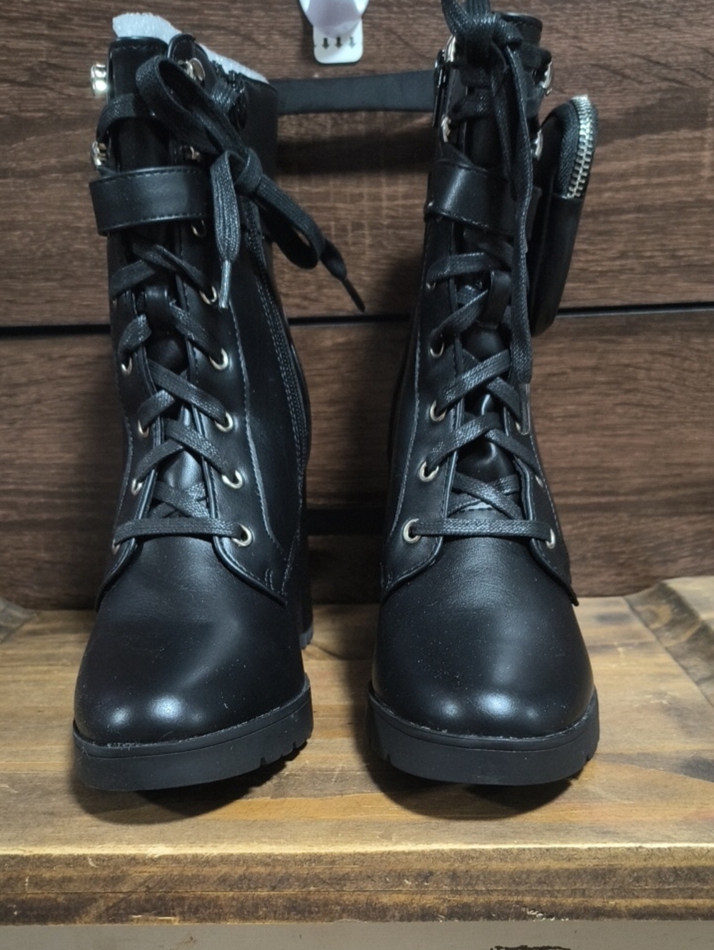 C&C California Black Lace-Up Combat Boots with Side Zip Pocket - Picture 2 of 5